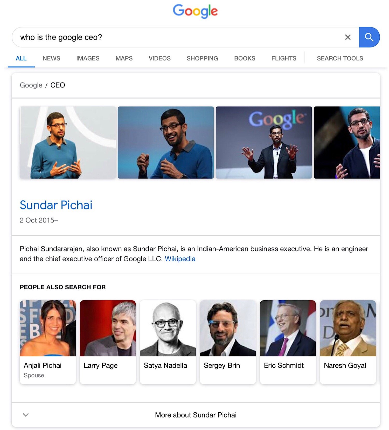 The featured snippet for the Google Search query “who is the google ceo?”