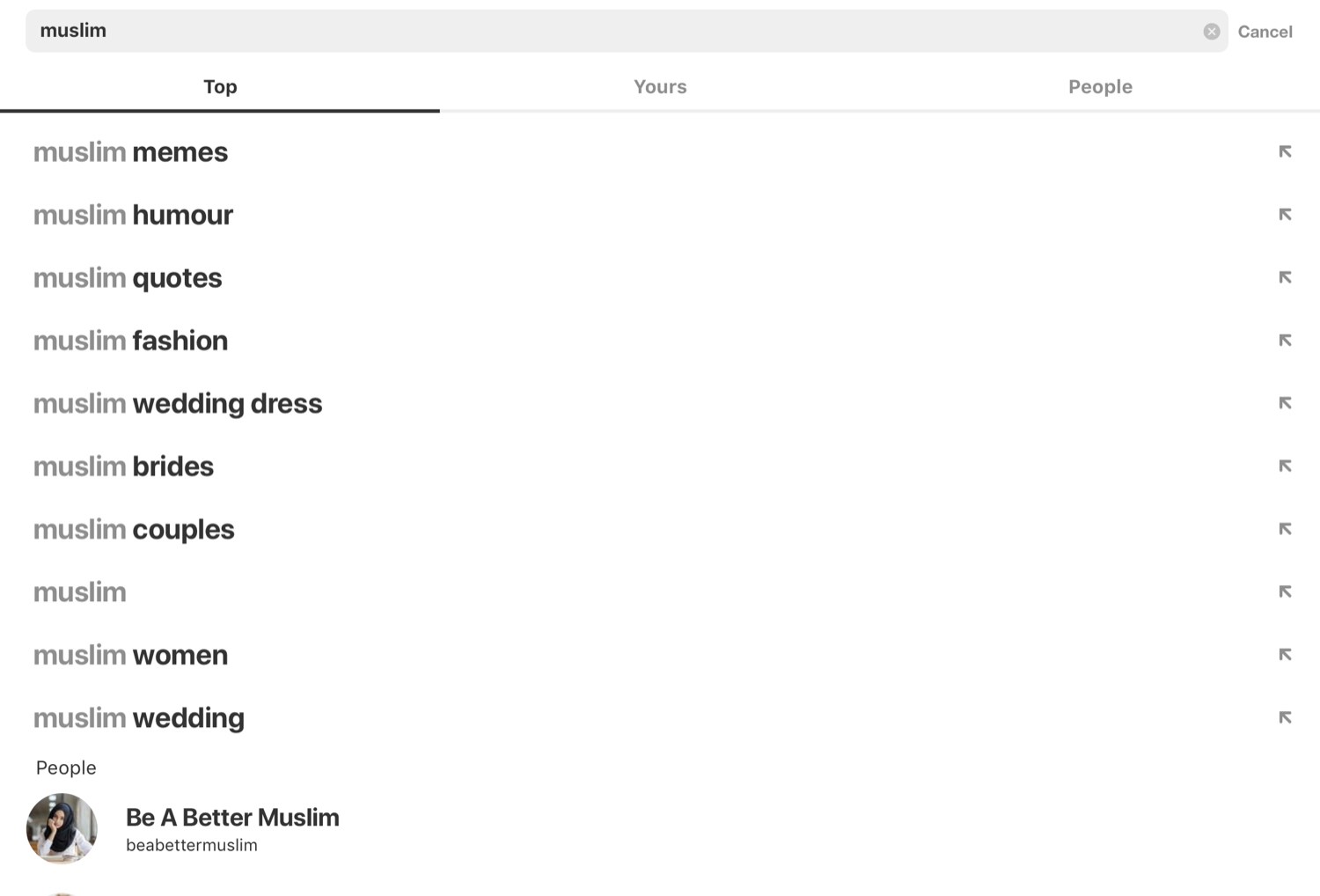 Pinterest auto-complete suggestions for the term “Muslim.”