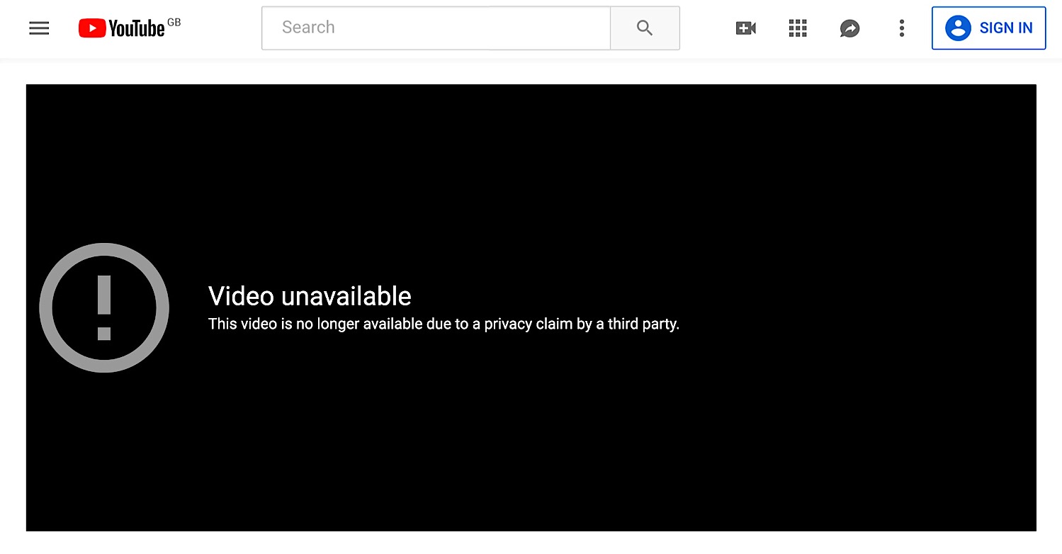 The message on Tim Pool’s YouTube video saying that it’s been taken down because of a privacy complaint.