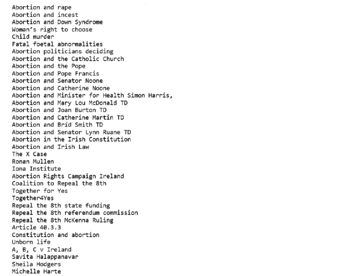 A list of terms on the “youtube_controversial_query_blacklist” document.