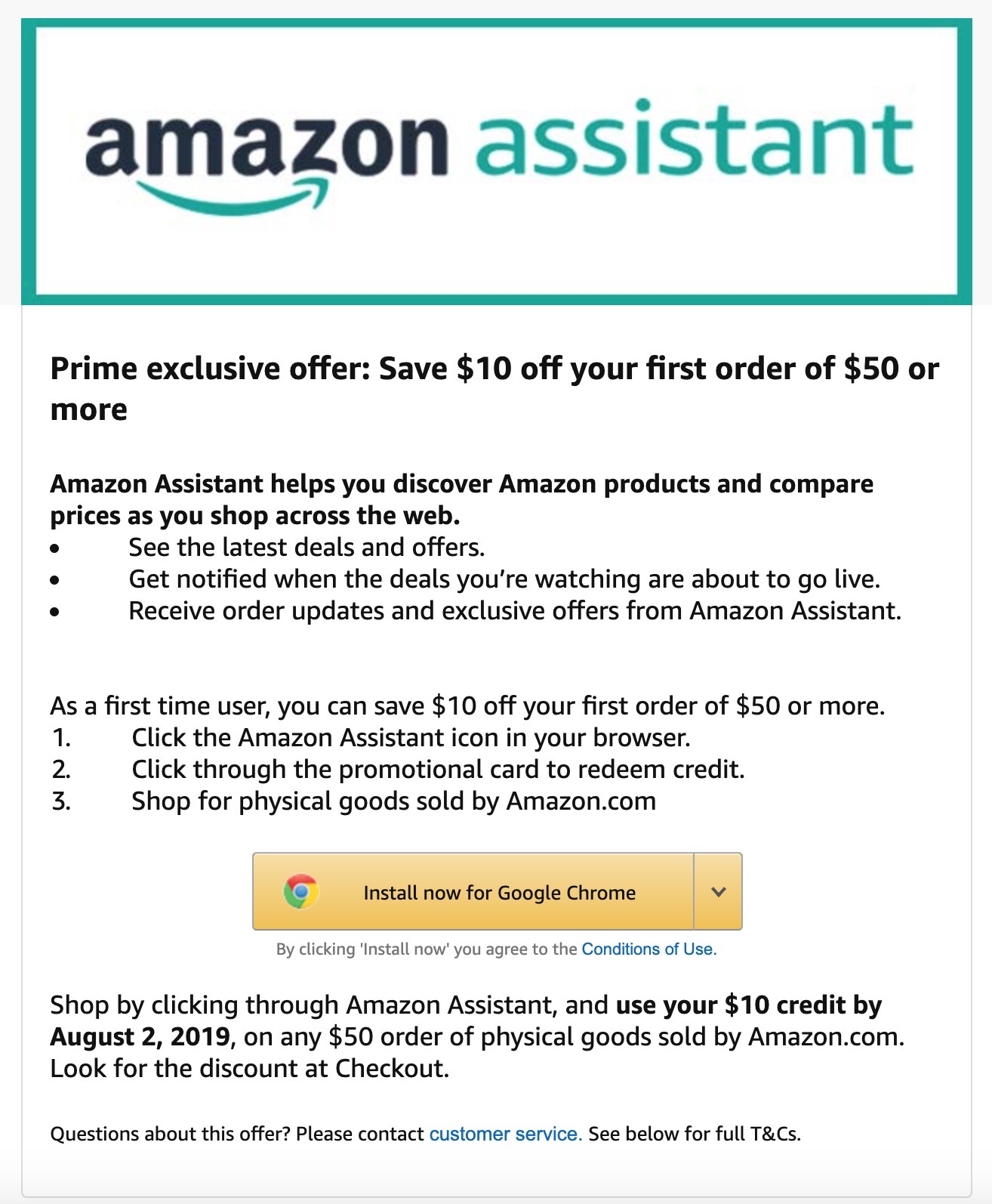 The Amazon Assistant $10 off your first order promotion.