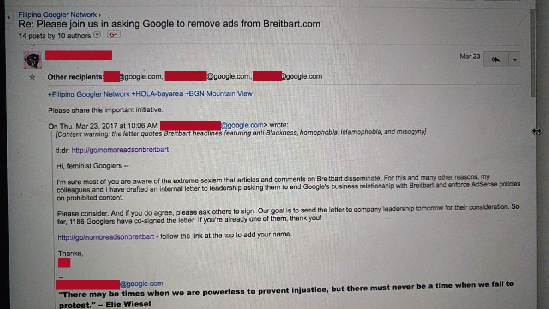 A leaked Google email discussing an internal letter which asks Google leadership to end its relationship with Breitbart.