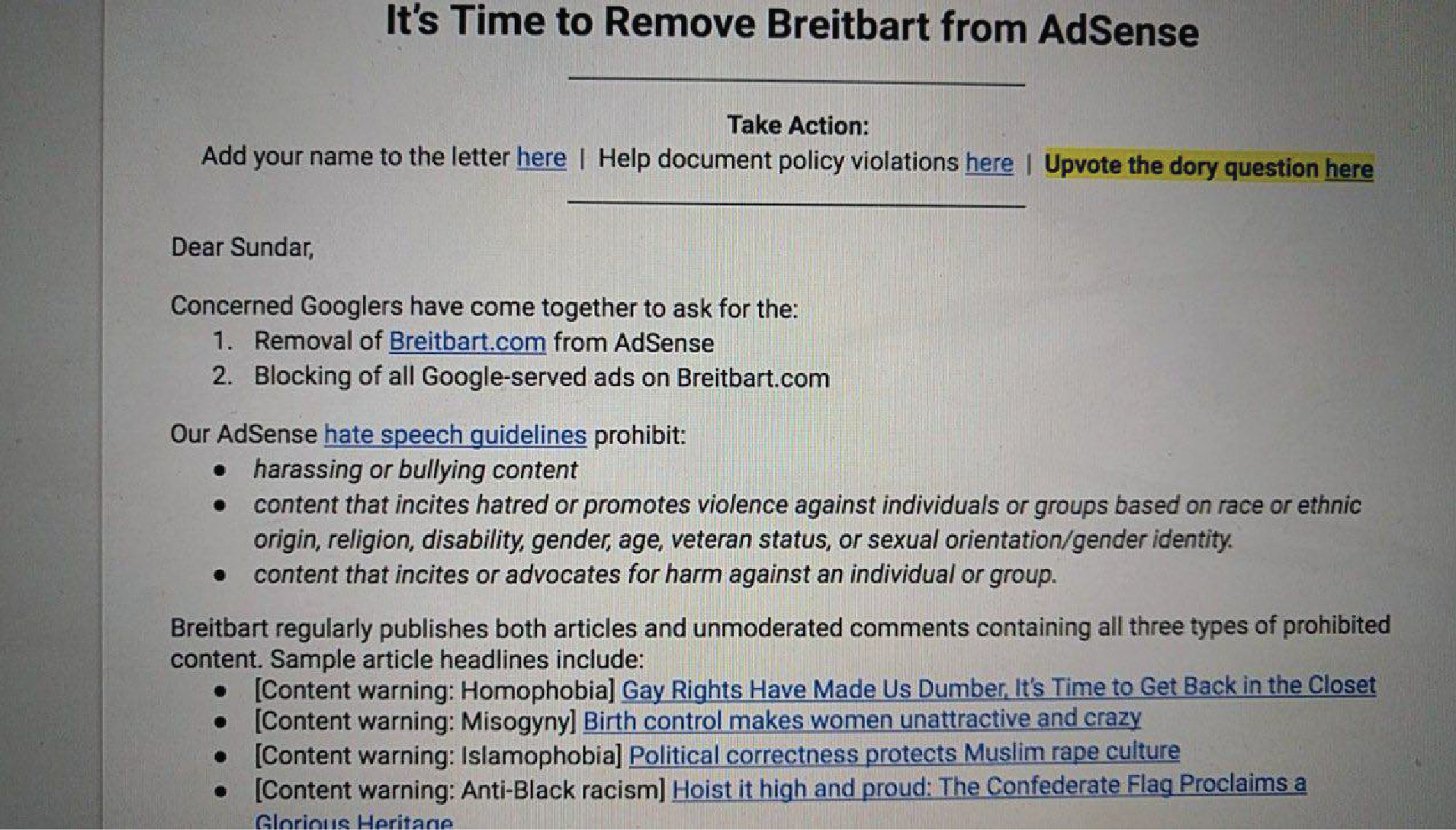 A leaked Google petition titled “It’s Time to Remove Breitbart from AdSense” which is addressed to Google CEO Sundar Pichai.