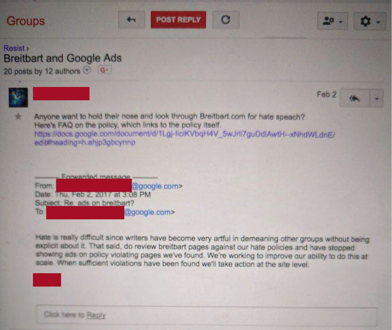 A leaked Google email discussing looking through Breitbart for “hate speech.”