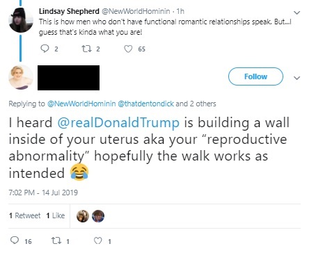 A screenshot of the Twitter exchange between Lindsay Shepherd and JY.