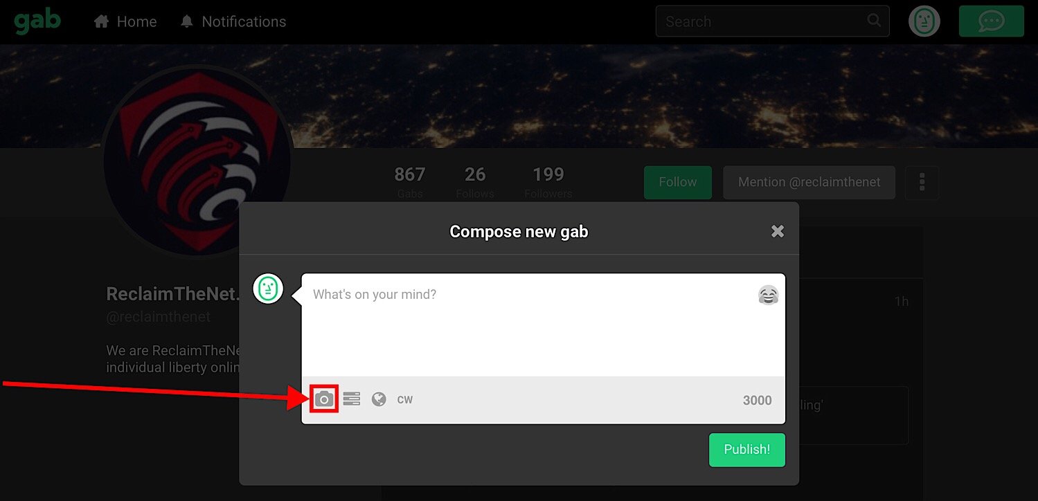 The camera icon in the “Compose new Gab” menu.