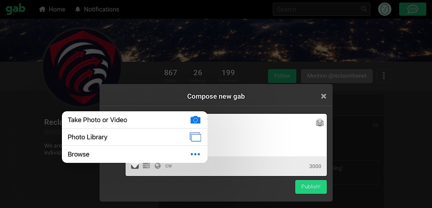 The photo and video upload menu on Gab.