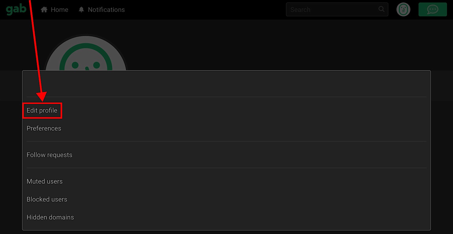 The “Edit profile” option in the Gab settings menu.