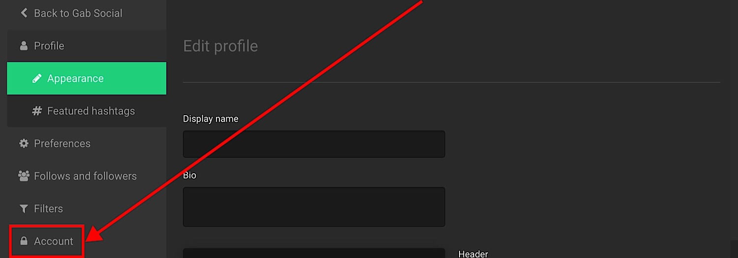 The “Account” option in the “Edit profile” menu.