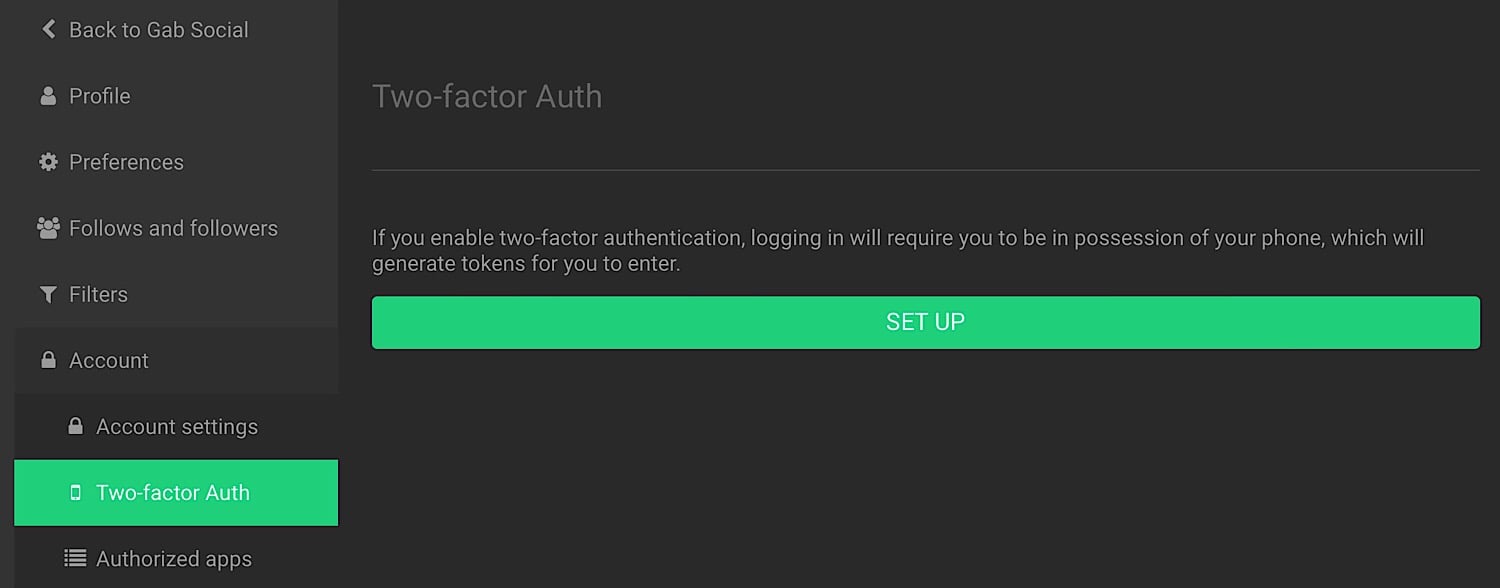 The “Two-factor Auth” setup menu.