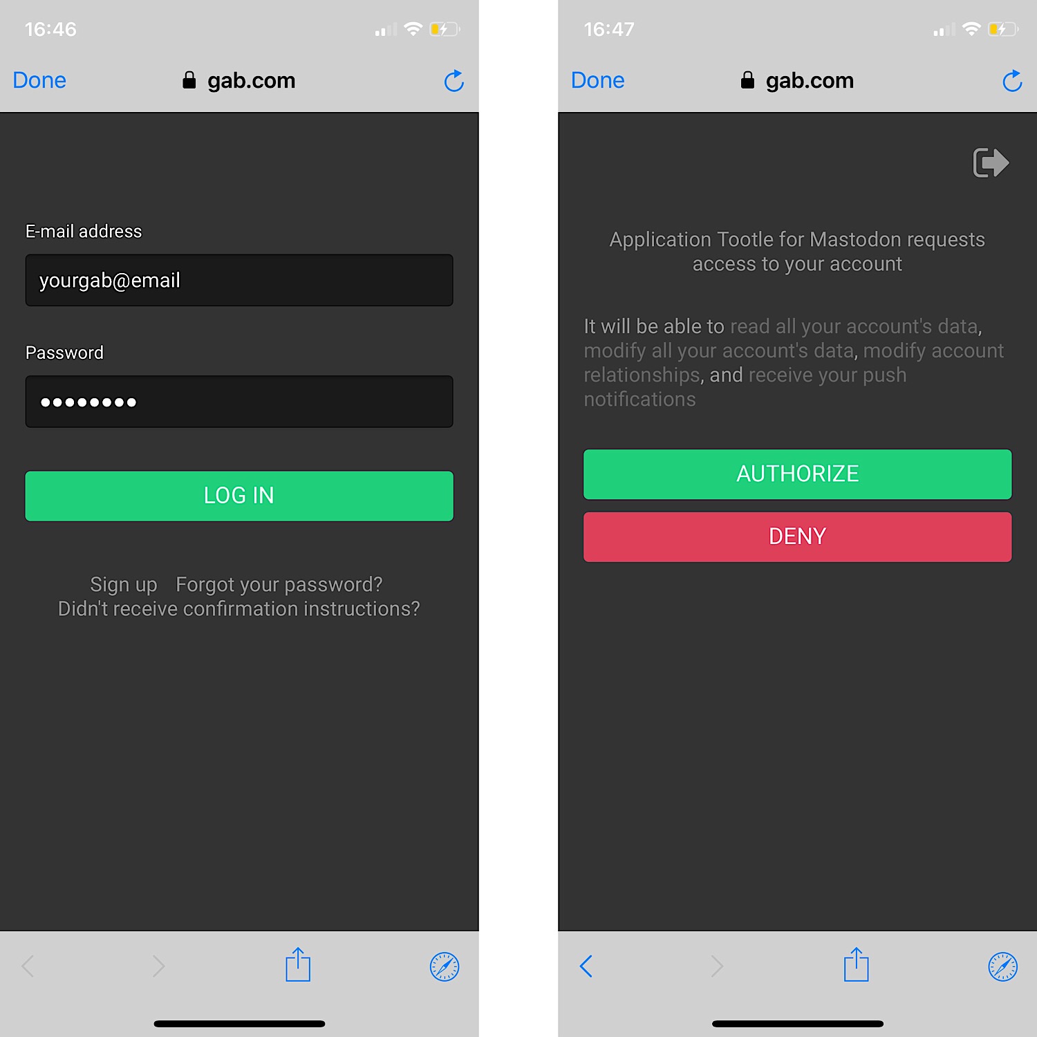The Gab log in screen and authorize screen in the Tootle for Mastodon app.