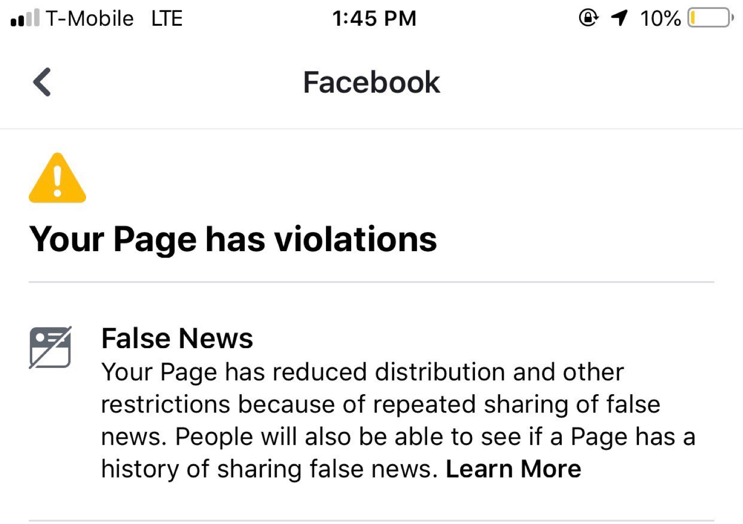 The “False News” notice Facebook sent to Lila Rose.