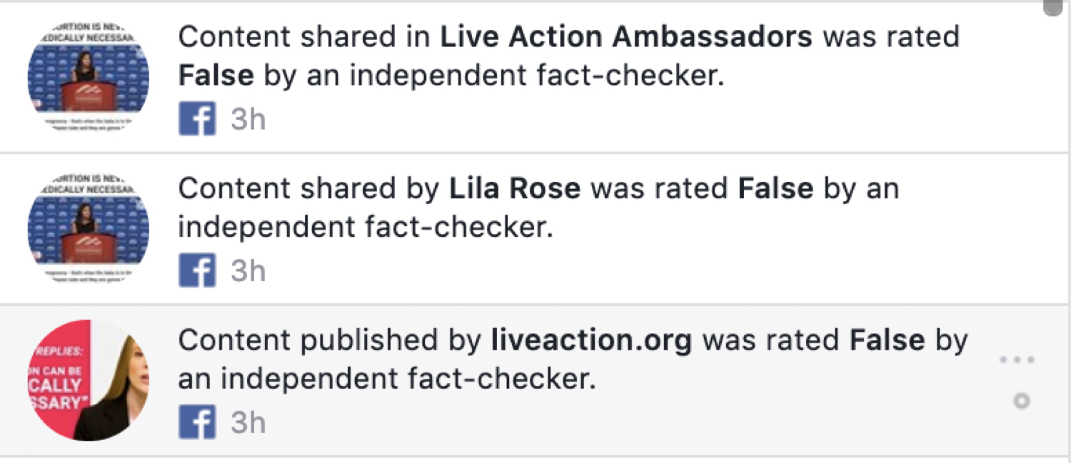 The “fact-checker” notifications that get sent to people who share content from Lila Rose and Live Action.