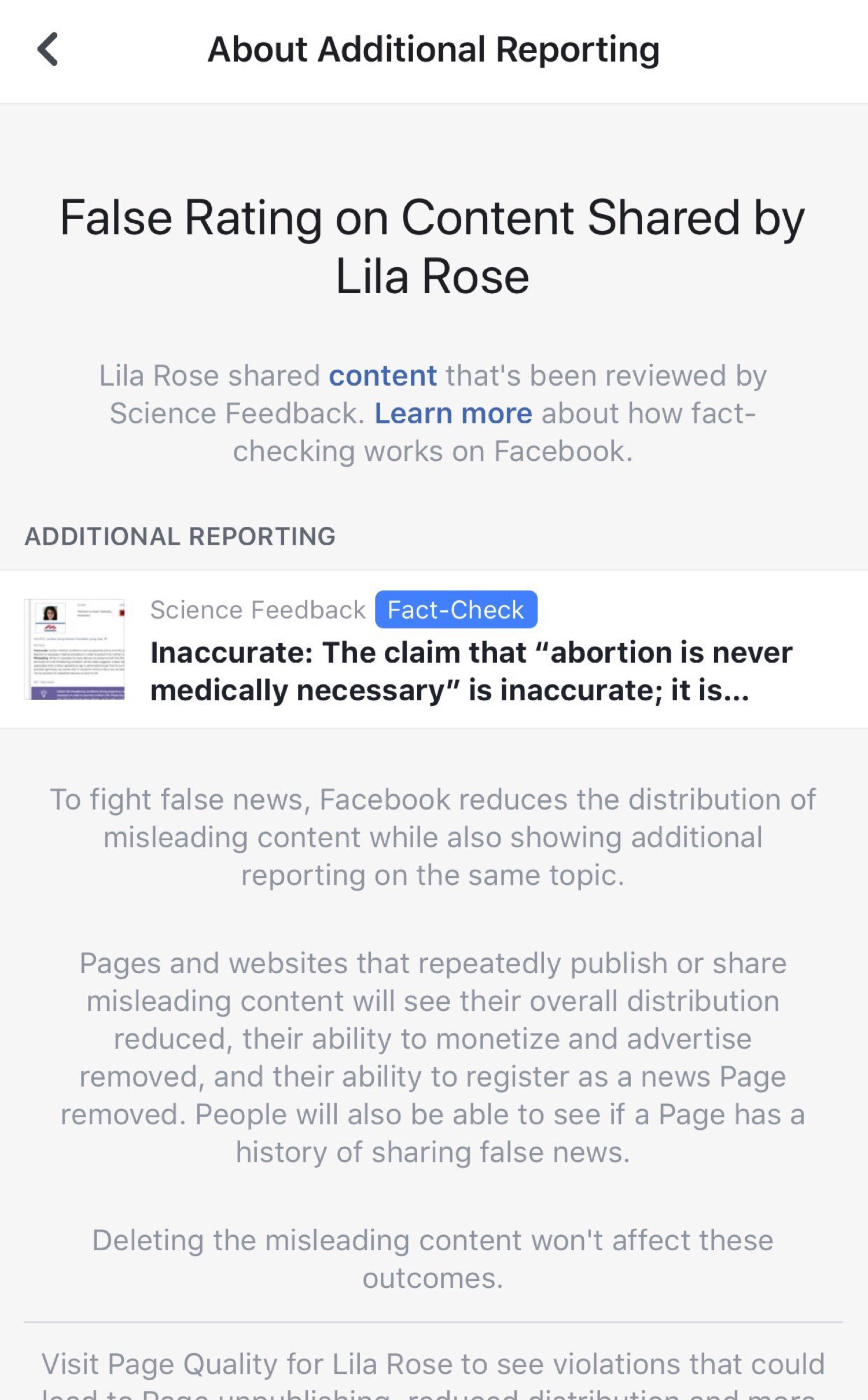 The “false” and “inaccurate” ratings that show on Lila Rose ad Live Action's Facebook content.