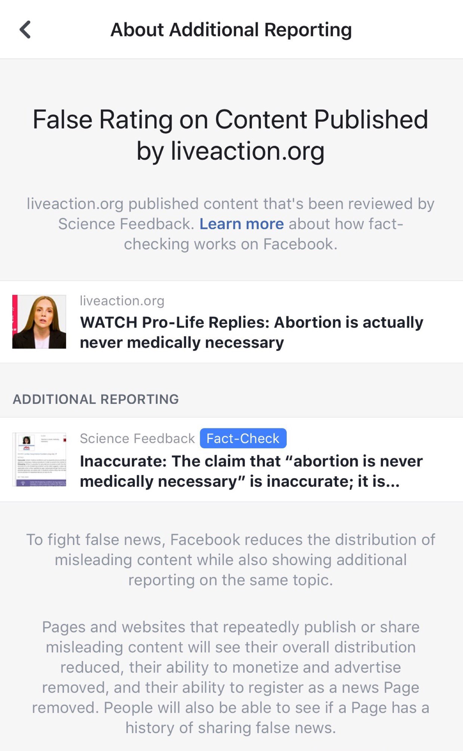 The “false” and “inaccurate” ratings that show on Lila Rose ad Live Action’s Facebook content.