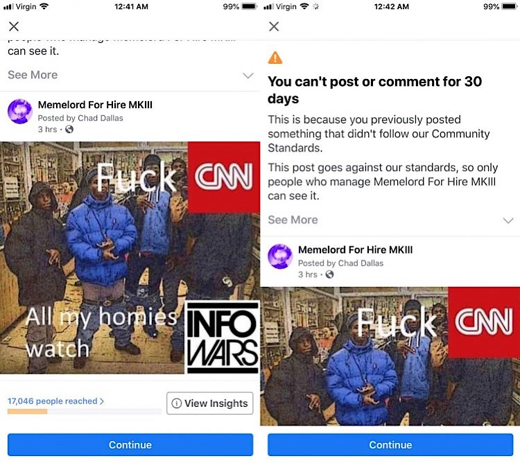 The pro-Infowars, anti-CNN meme that led to Chad Dallas being given a 30-day Facebook suspension.