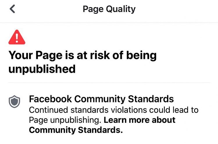 The “Page Quality” warning Facebook sent to Dallas.