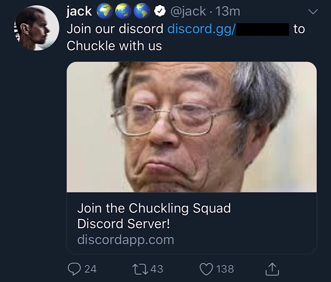 A link from Jack Dorsey’s Twitter account to the Chuckling Squad Discord server.