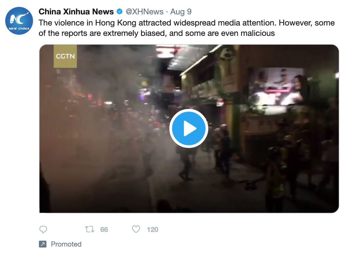 Promoted tweets from China Xinhua News featured in Twitter’s ad transparency tool.