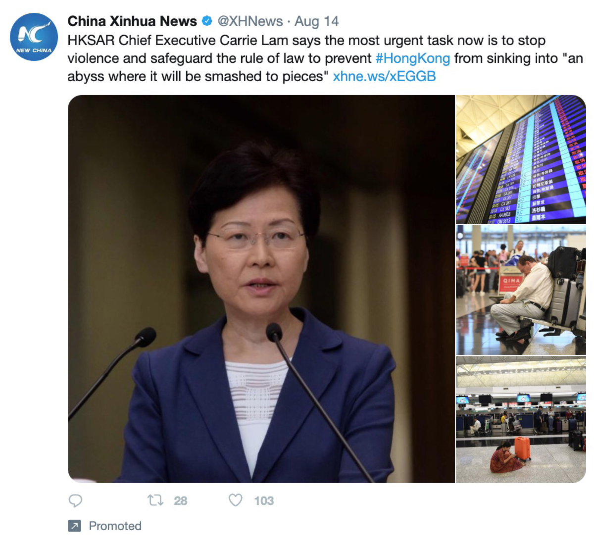 Promoted tweets from China Xinhua News featured in Twitter’s ad transparency tool.