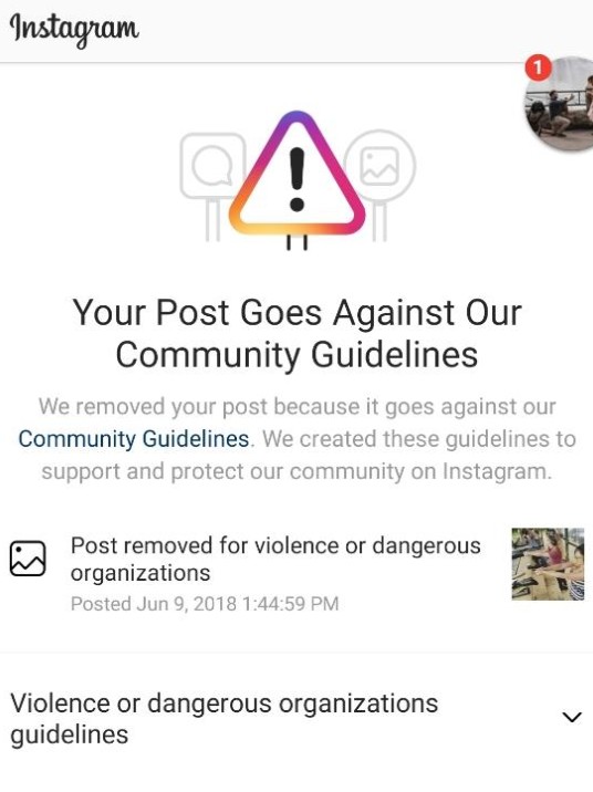 The message Instagram sent when taking down the photo.