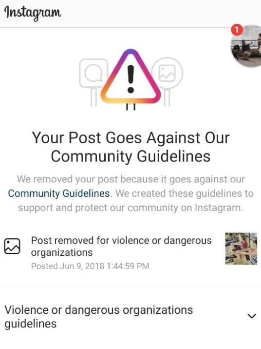 The message Instagram sent when taking down the photo.