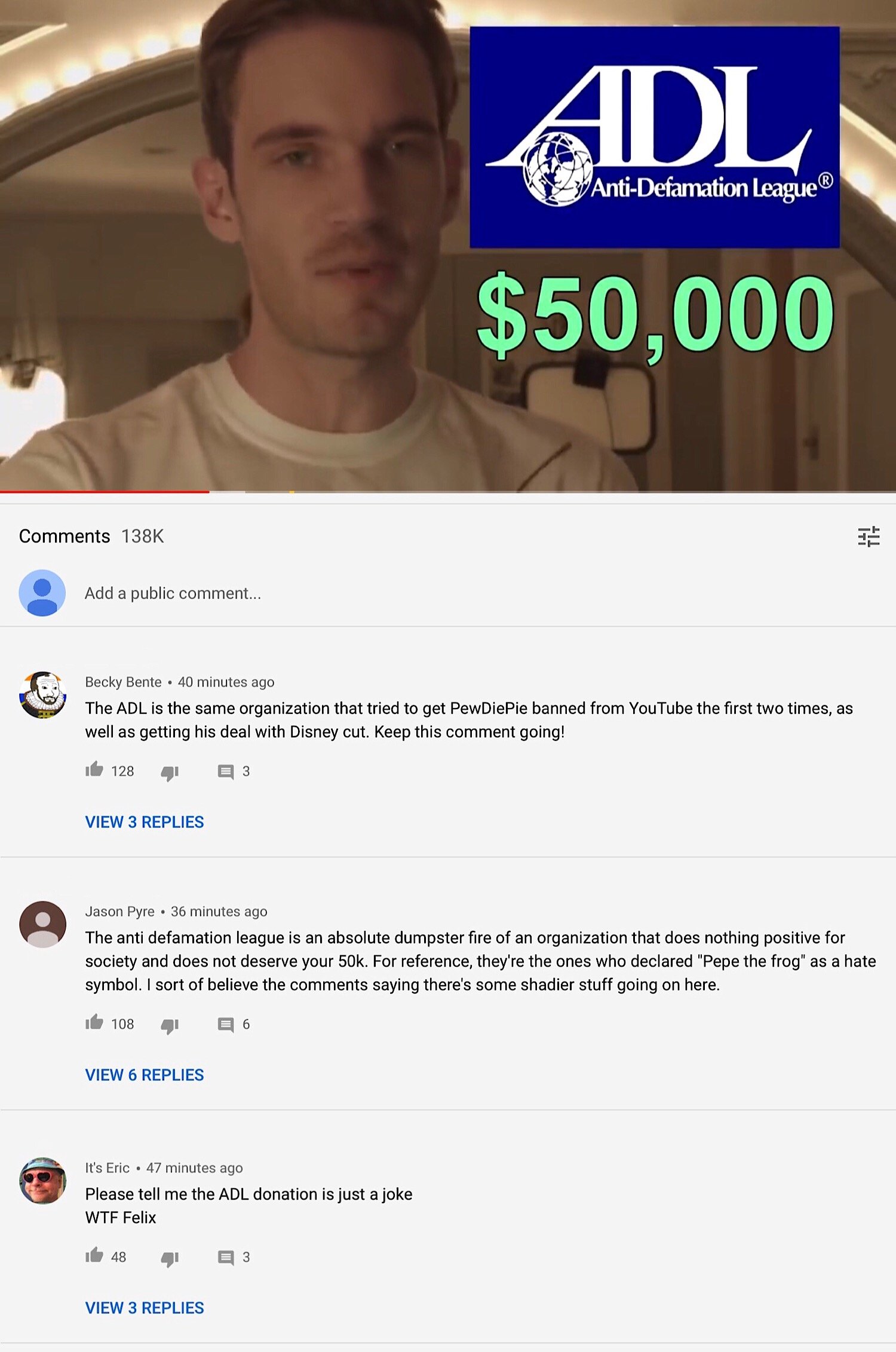 Some of the top comments from PewDiePie’s video which criticize the ADL.