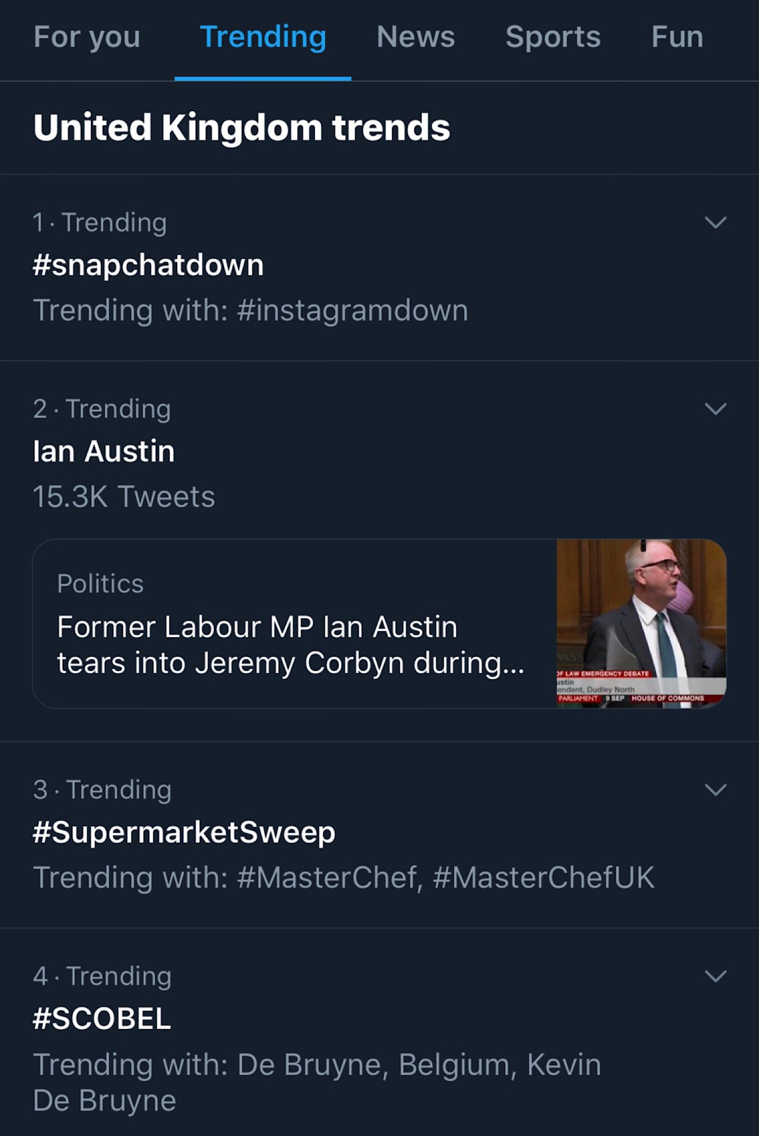 #snapchatdown trending number one on Twitter in the United Kingdom.