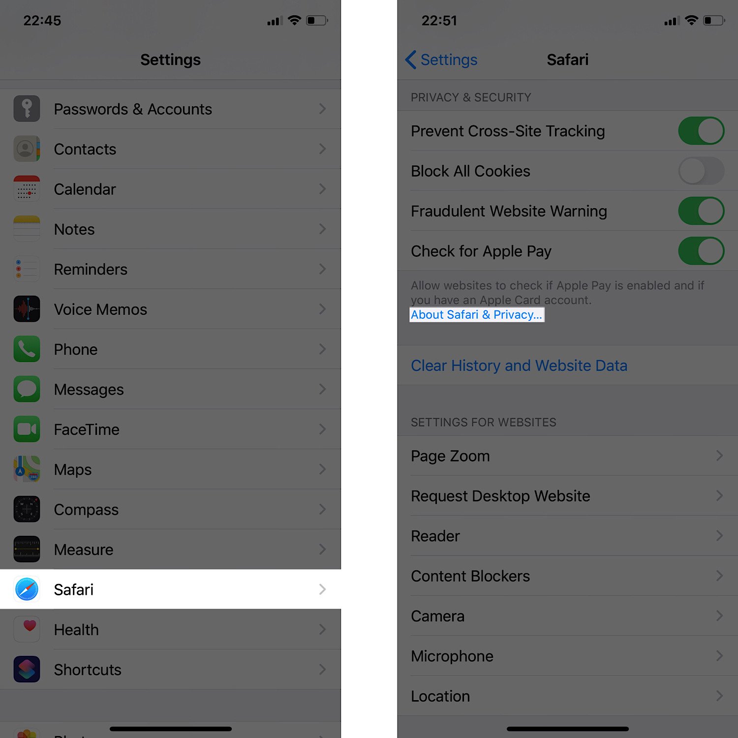 How to navigate to Apple’s Safari & Privacy documentation in the iOS settings app.