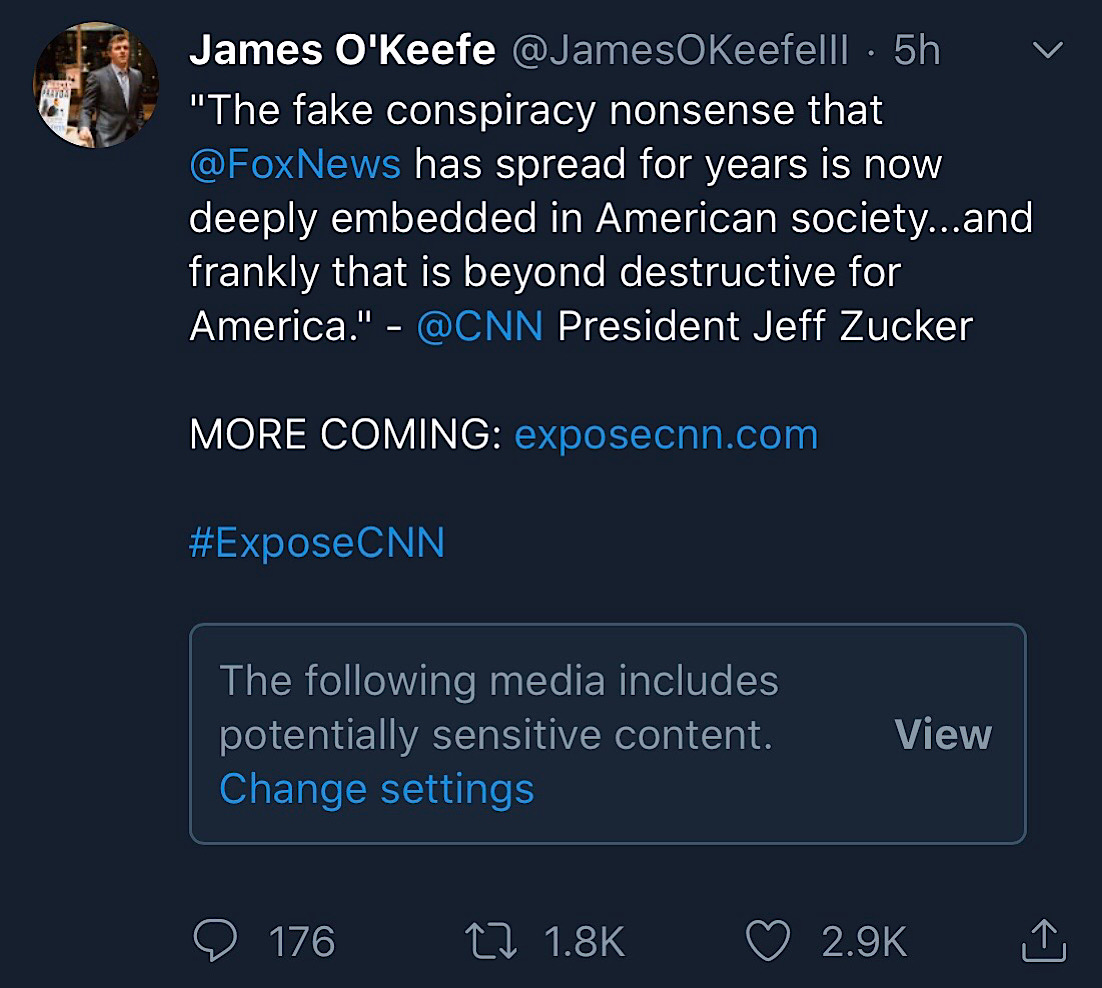 The “sensitive media” warning that hides O'Keefe's video clip for Twitter users. 