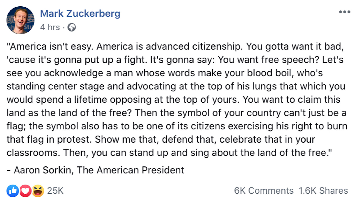 Mark Zuckerberg’s response to Aaron Sorkin.