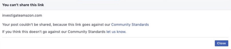 The message that appears when Facebook users attempt to share Investigate Amazon.