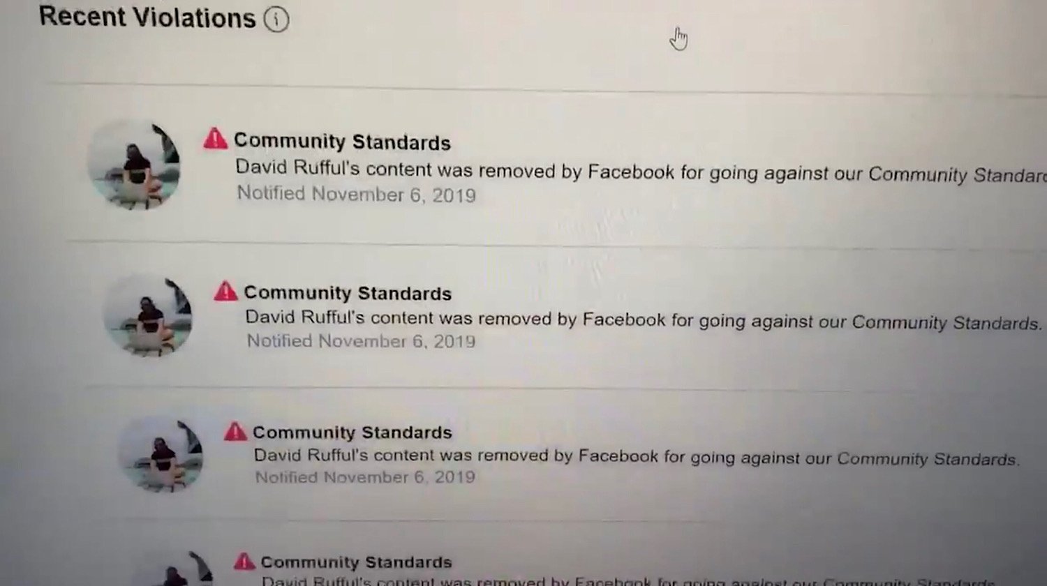 The community standards violation warnings David J. Harris Jr. received on his page.