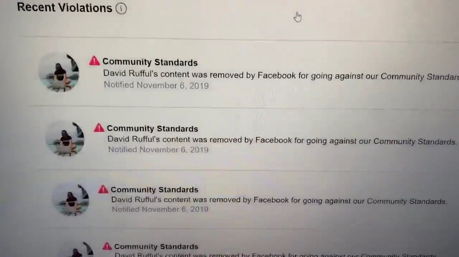 The community standards violation warnings David J. Harris Jr. received on his page.