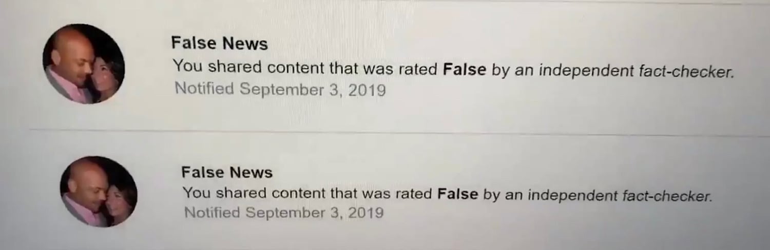 The “False News” violation warnings David J. Harris Jr. received on his page.