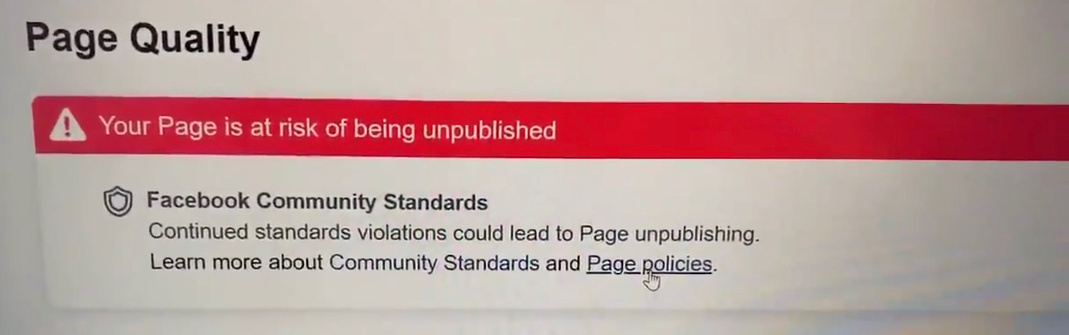 The “Your Page is at risk of being unpublished” warning David J. Harris Jr. received on his page.