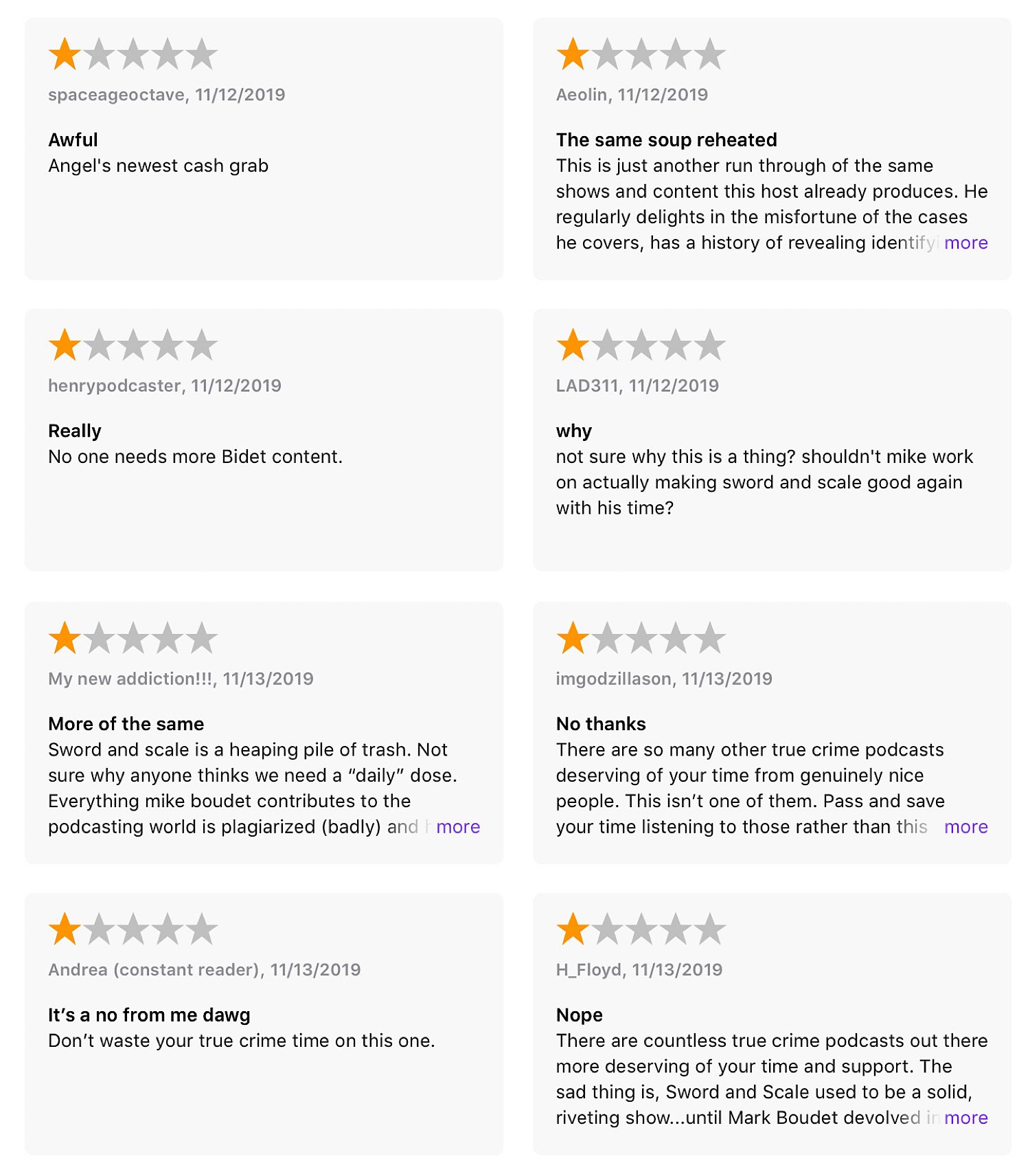 Some of the one-star ratings for Sword and Scale Daily in Apple Podcasts.