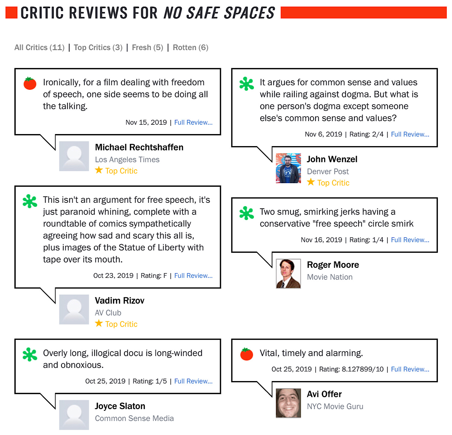Featured critic reviews for No Safe Spaces on Rotten Tomatoes.