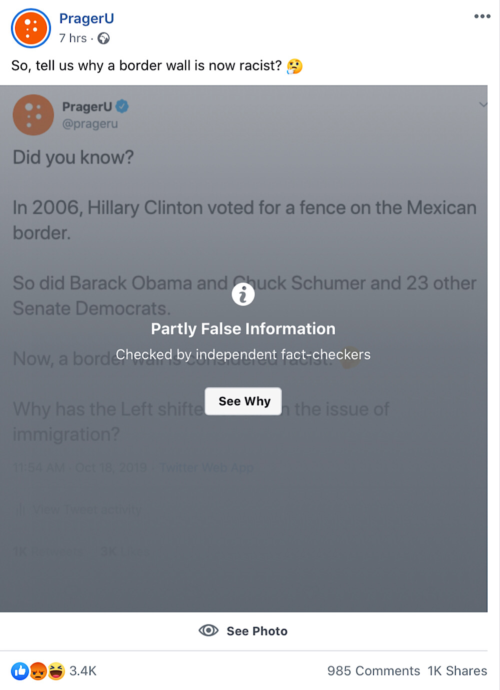 The PragerU Facebook post which has been blocked and labeled “Partly False.”
