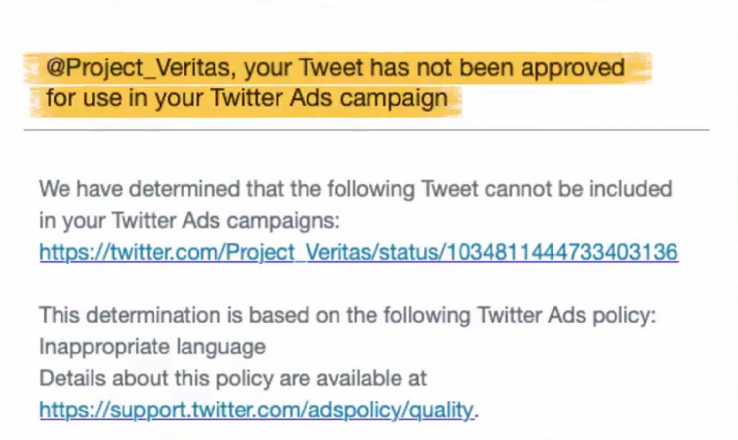 The message from Twitter saying a tweet from Project Veritas has not been approved for use in its ad campaign.