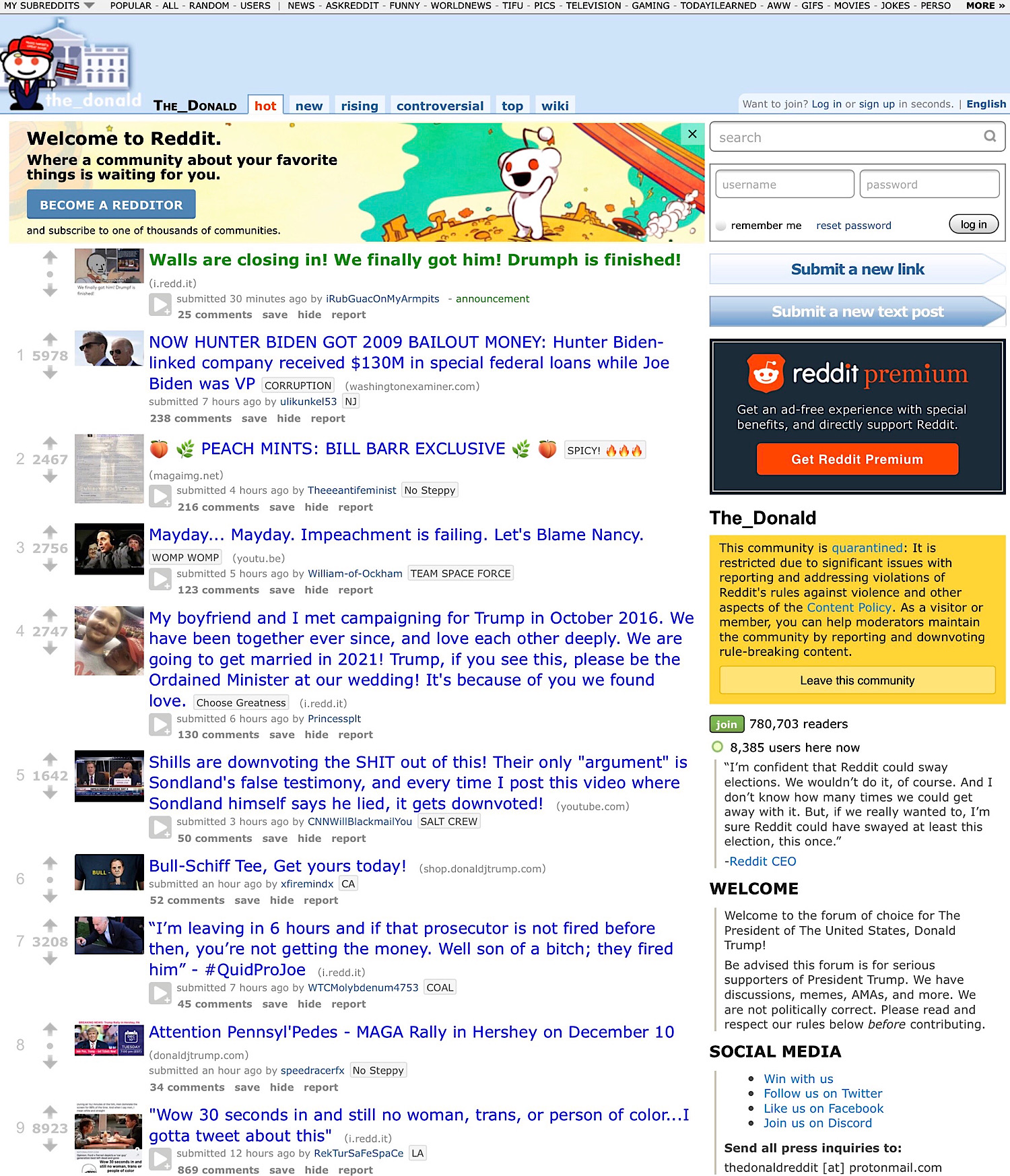 The Hot Page for The Donald subreddit.