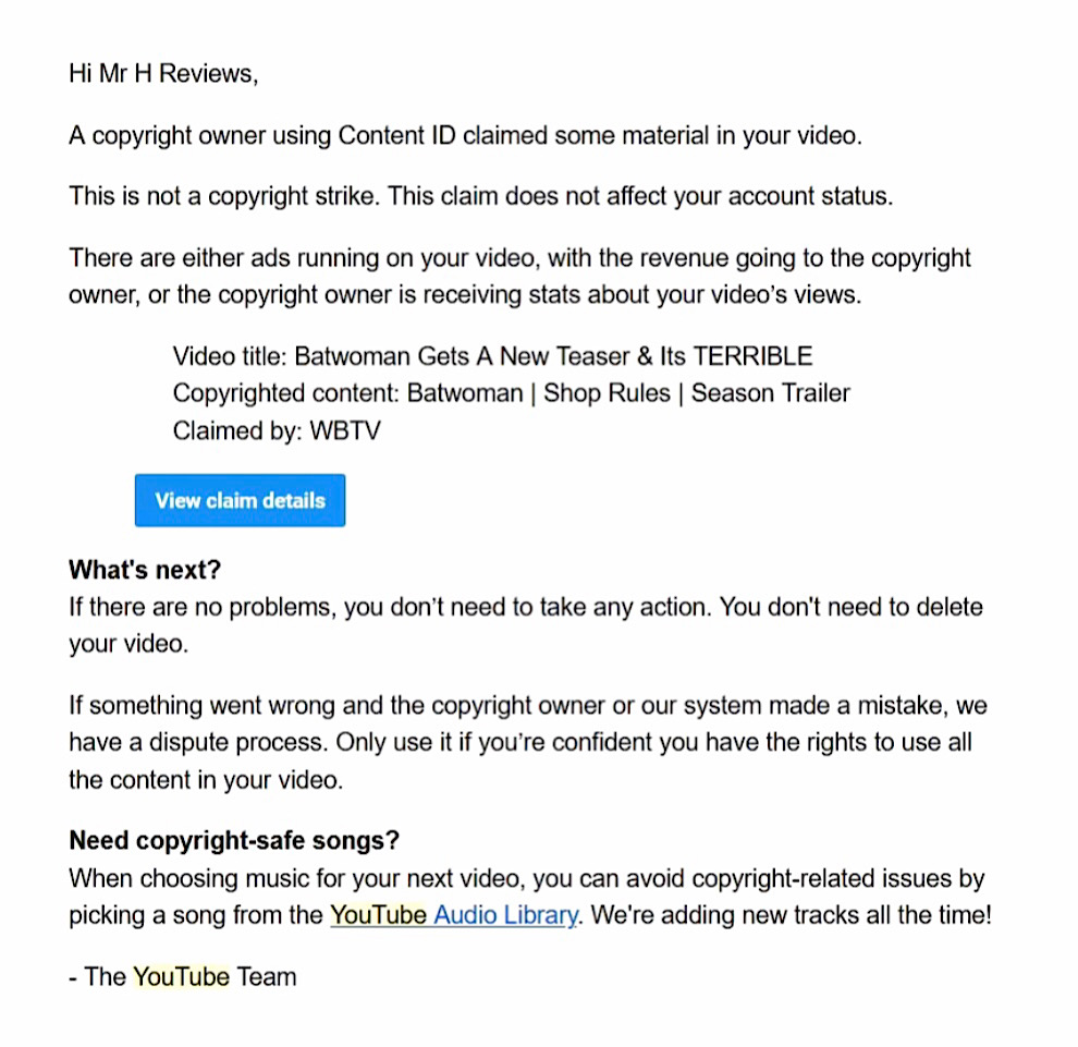 The WBTV Content ID claim on the Mr H Reviews video titled Batwoman Gets A New Teaser & It’s Terrible.