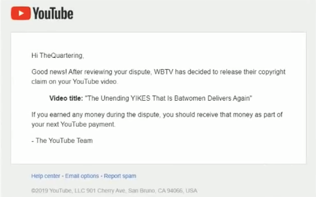 A message showing the WBTV Content ID claim against The Quartering’s The UNENDING Yikes That Is Batwoman Delivers Again video being released.