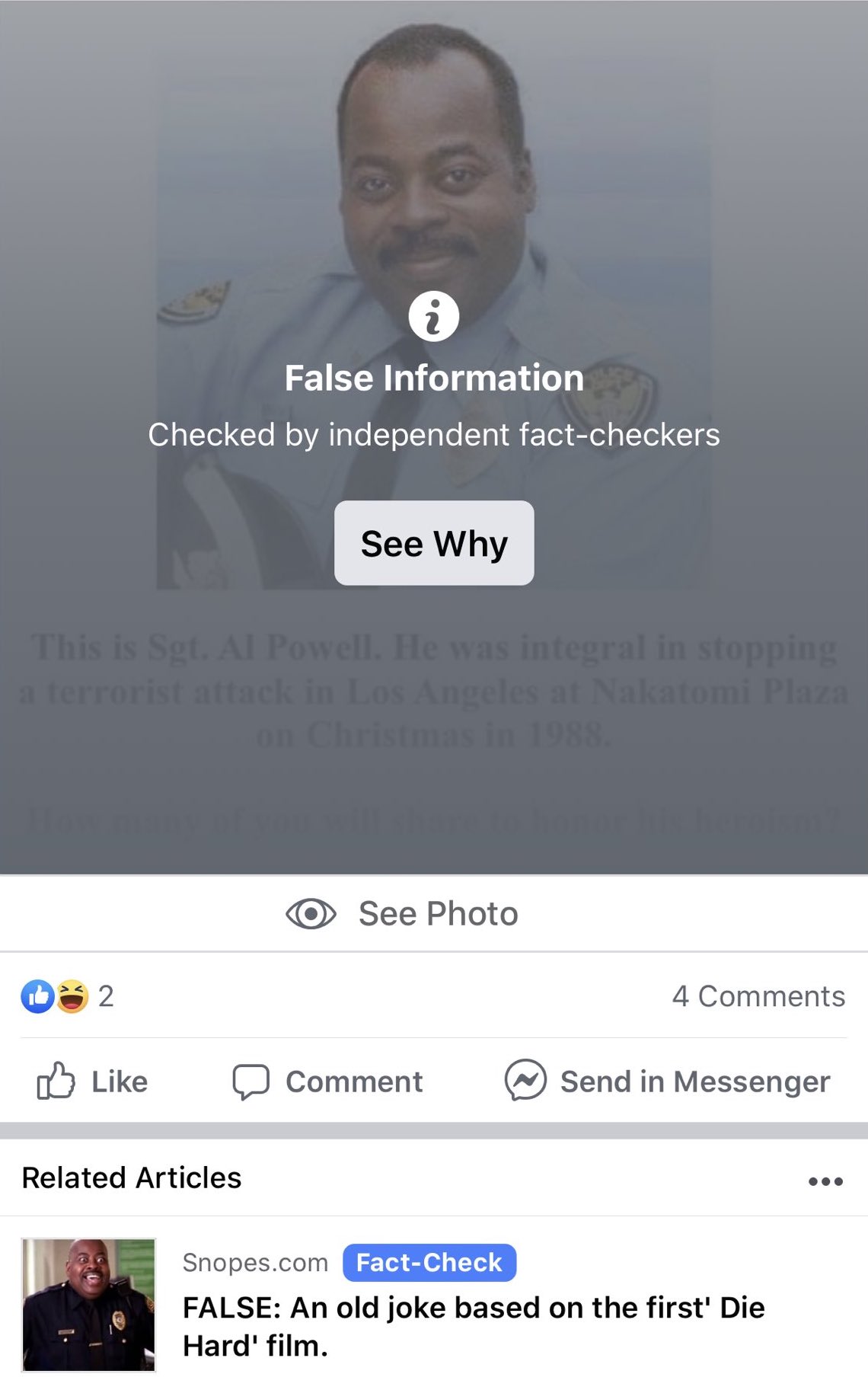 Facebook fact checks and censors Die Hard memes, labels them as "False