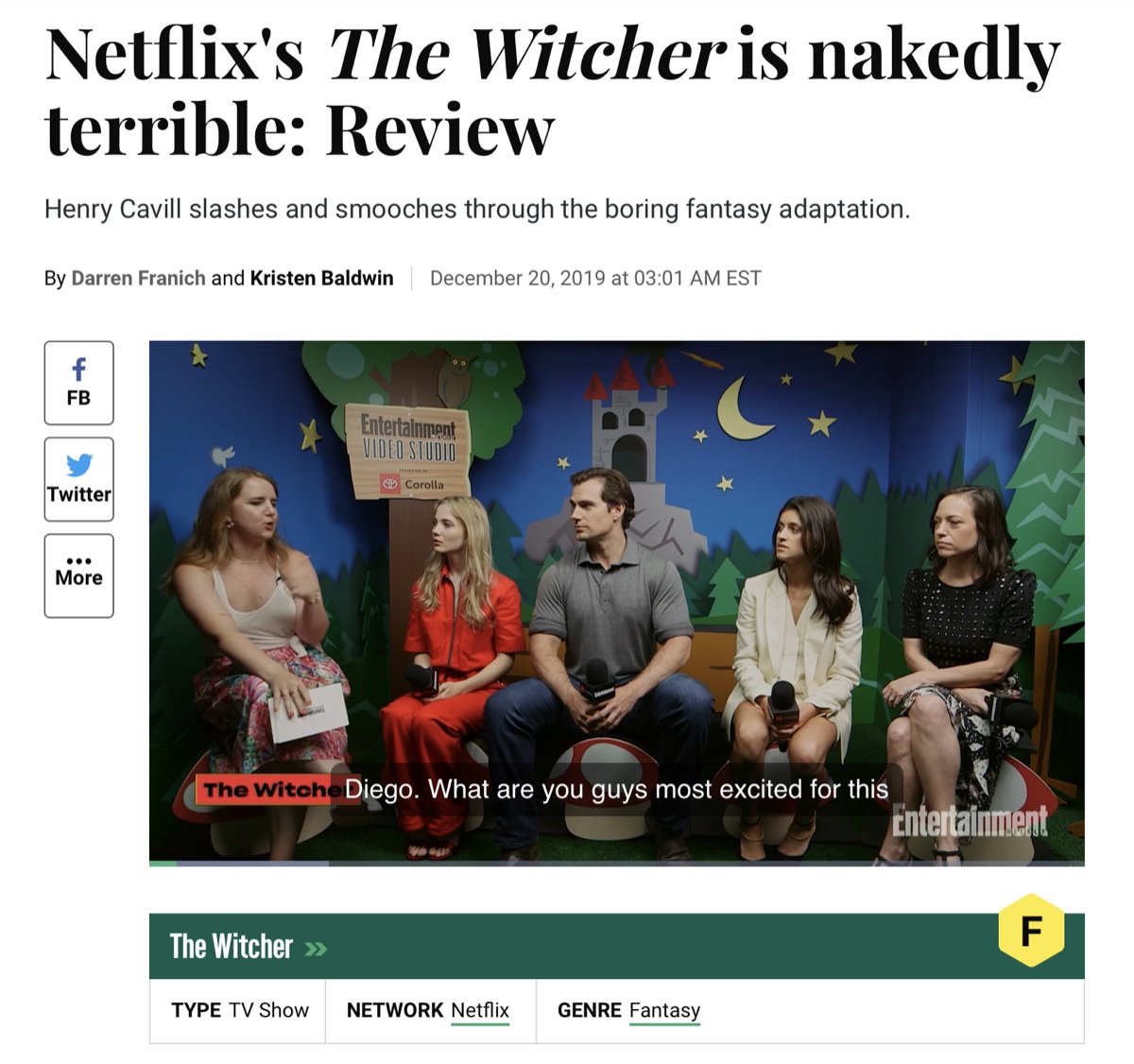 Entertainment Weekly’s F rating for Netflix’s The Witcher