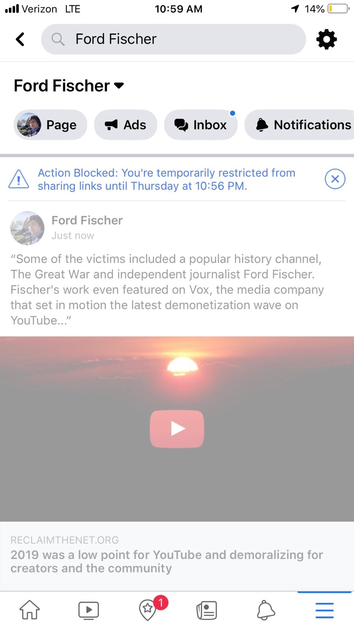 Ford Fischer being blocked from sharing a Reclaim The Link article and restricted from sharing links for 60 hours on Facebook