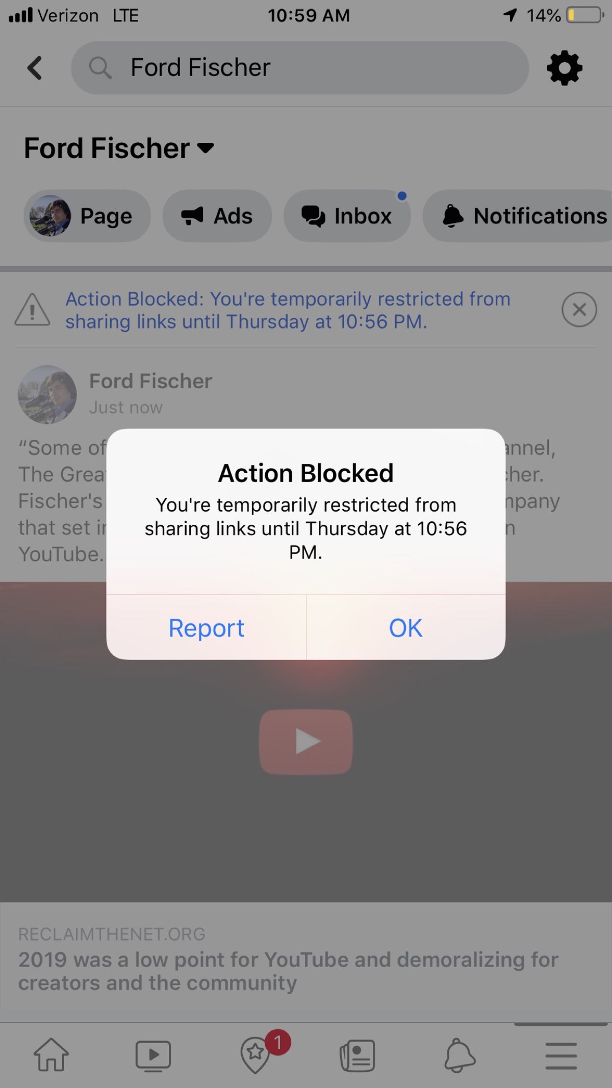 Ford Fischer being blocked from sharing a Reclaim The Link article and restricted from sharing links for 60 hours on Facebook