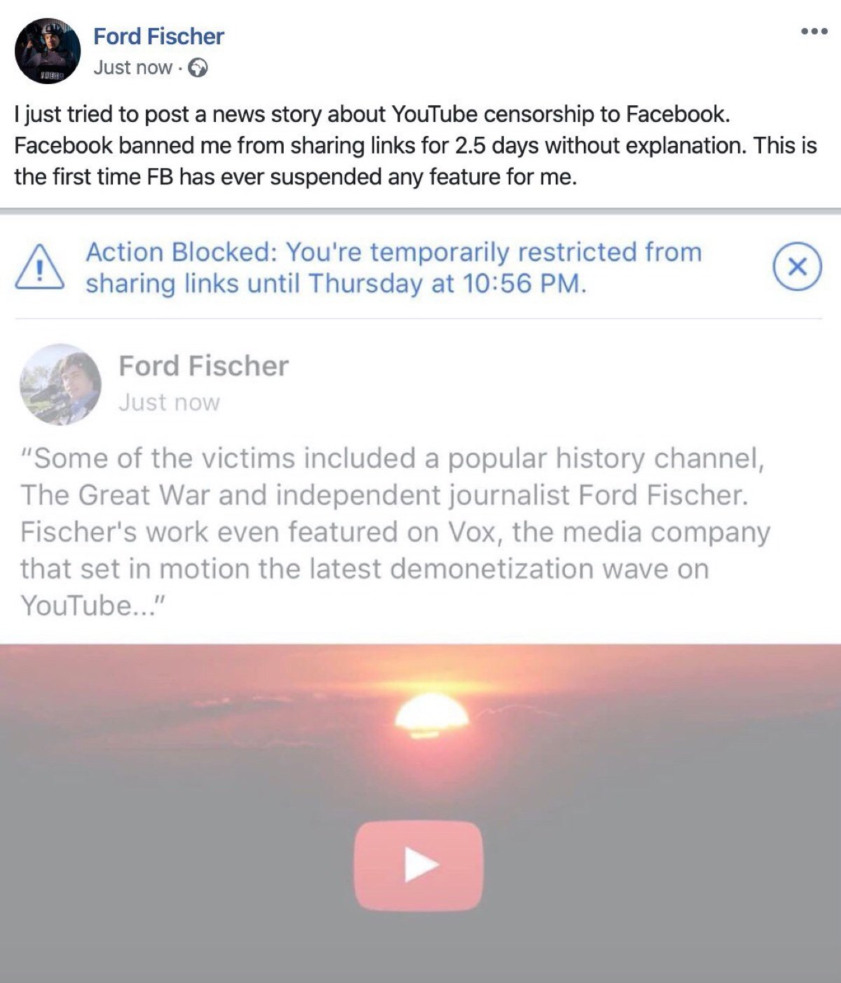 Ford Fischer writing that this is the first time he’s ever had any of his Facebook features suspended (Facebook - Ford Fischer)