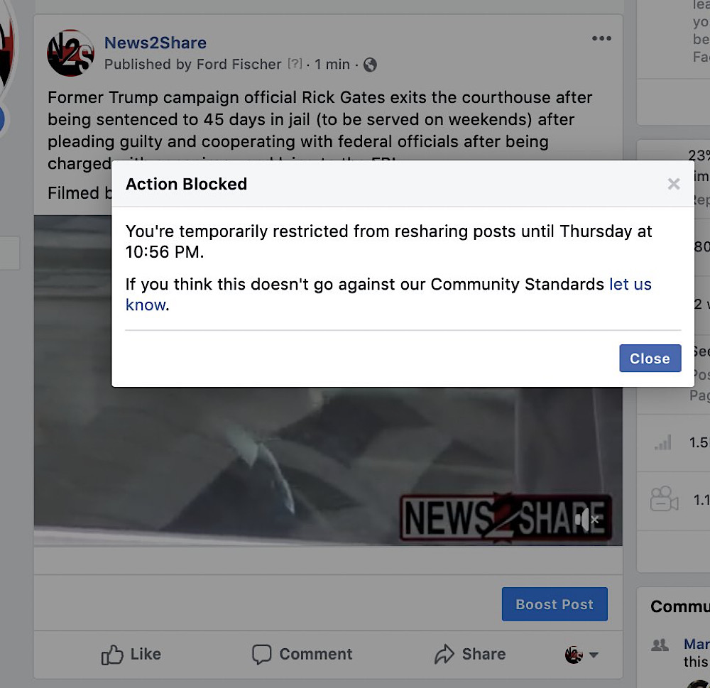 Ford Fischer being blocked from sharing a link from his News2Share Facebook page to his personal Facebook profile