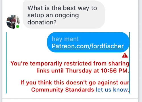 Ford Fischer being blocked from linking to his Patreon in a Facebook PM